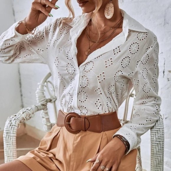 Embroiderd Button Down Blouse top white - Picture 3 of 6